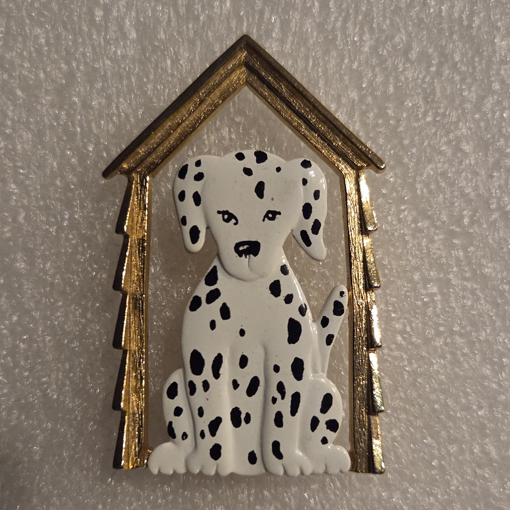 Vintage JJ Jonette Dalmatian Dog House Brooch Enamel Gold Tone